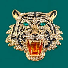 ROARING WHITE TIGER BROOCH PENDANT crystal enamel goldtone panther cat pin N4