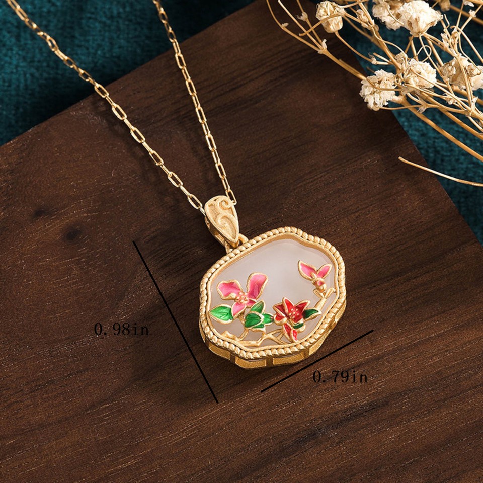 Jade Crystal Pendant Necklace Charm Gold Plated Chain Flower Dainty