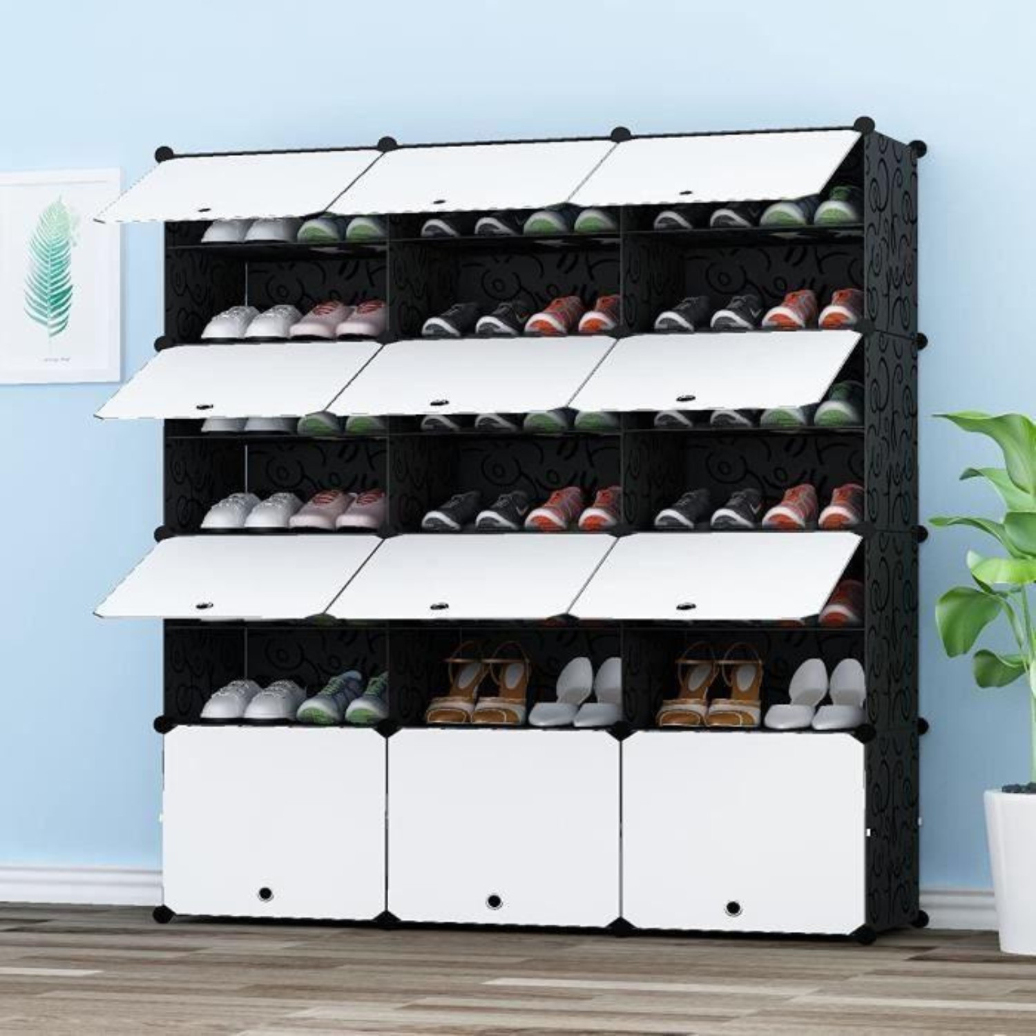 Rangement chaussures 14 cubes DIY meuble etagere modulable plastique noir blanc