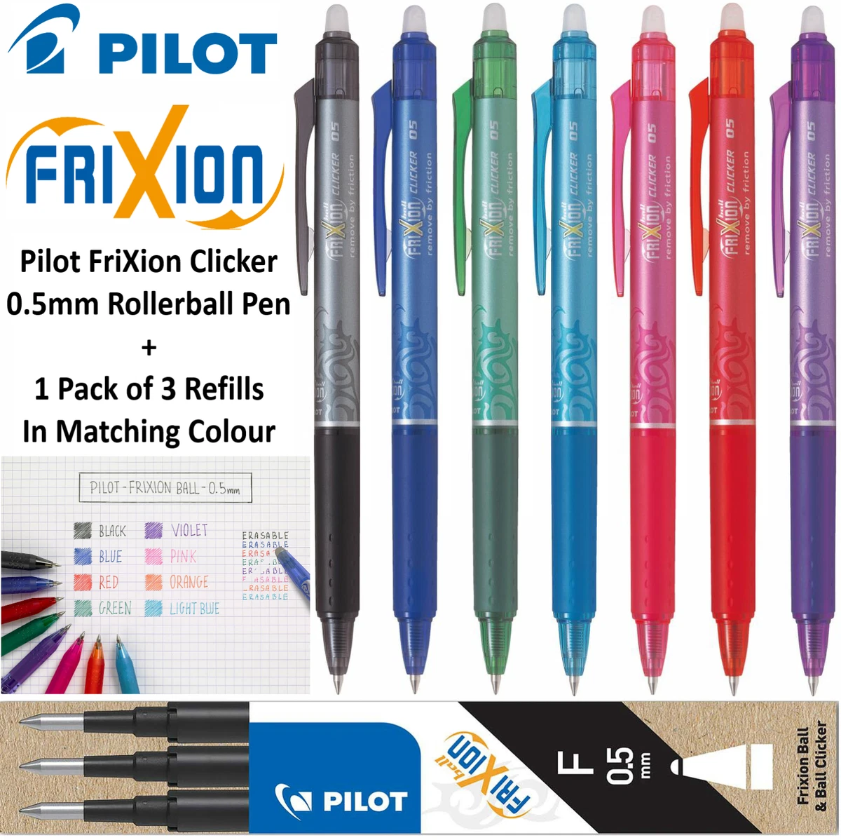 Pilot FriXion Clicker Rollerball Pen Erasable Ink 0.5mm 1 Pack of 3 Refills
