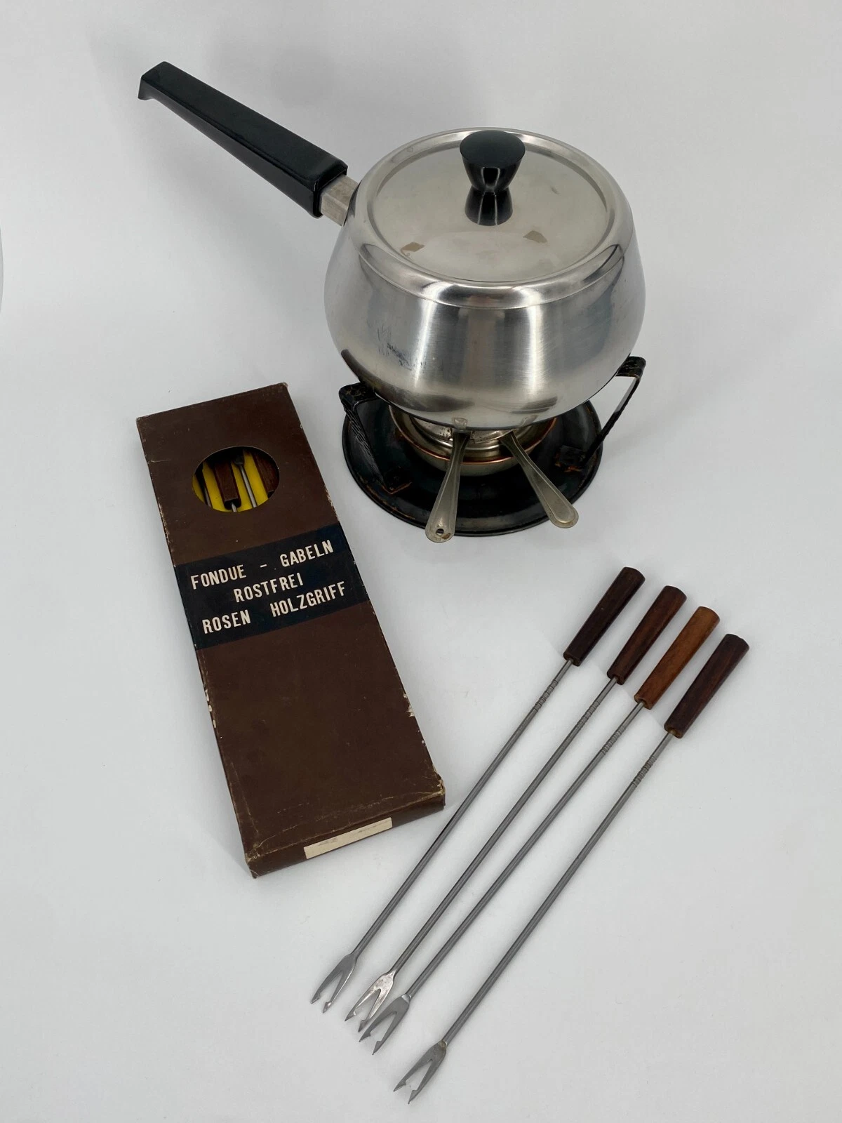 * OLD FONDUE SET OF 10 FORKS METAL ROSEWOOD MID CENTURY VINTAGE 1970s