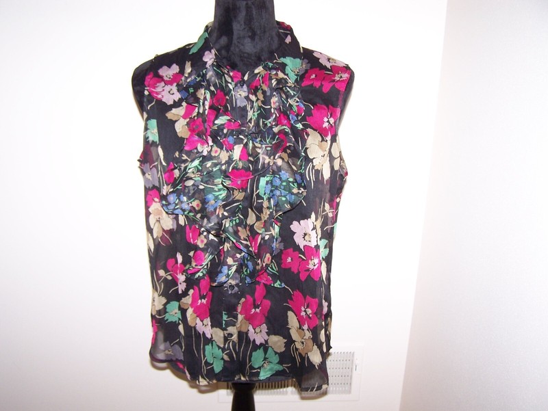 Ralph Lauren NWOT Top Blouse Floral Ruffled Button Up Sheer Sleeveless Sz 14P