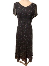 Talbots Petites Pure Silk Short Sleeve Midi Polka Dot V-Neck Dress Black Size 2