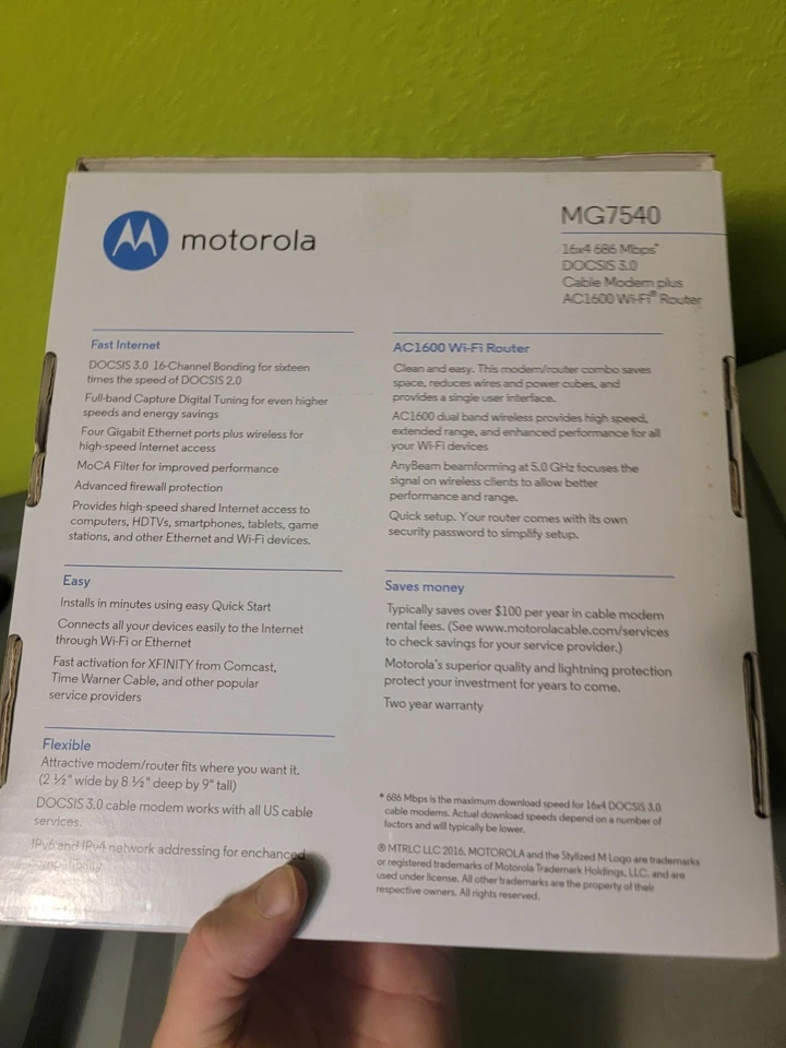 Motorola MG7540 16x4 Cable Modem Plus AC1600 Dual Band Wi-Fi Router with DFS - Image 2 of 3