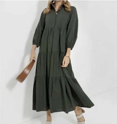 Tuckernuck Pomander Place Mabel Tiered Cotton Maxi Shirt Dress Sedona Sage MED