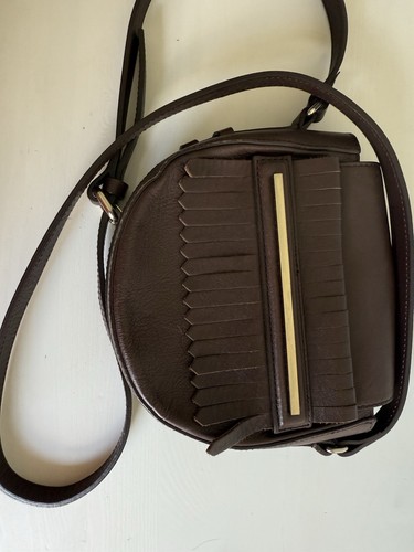 Massimo Dutti Brown Leather Crossbody Bag Flap Style With Gold Bar Accent
