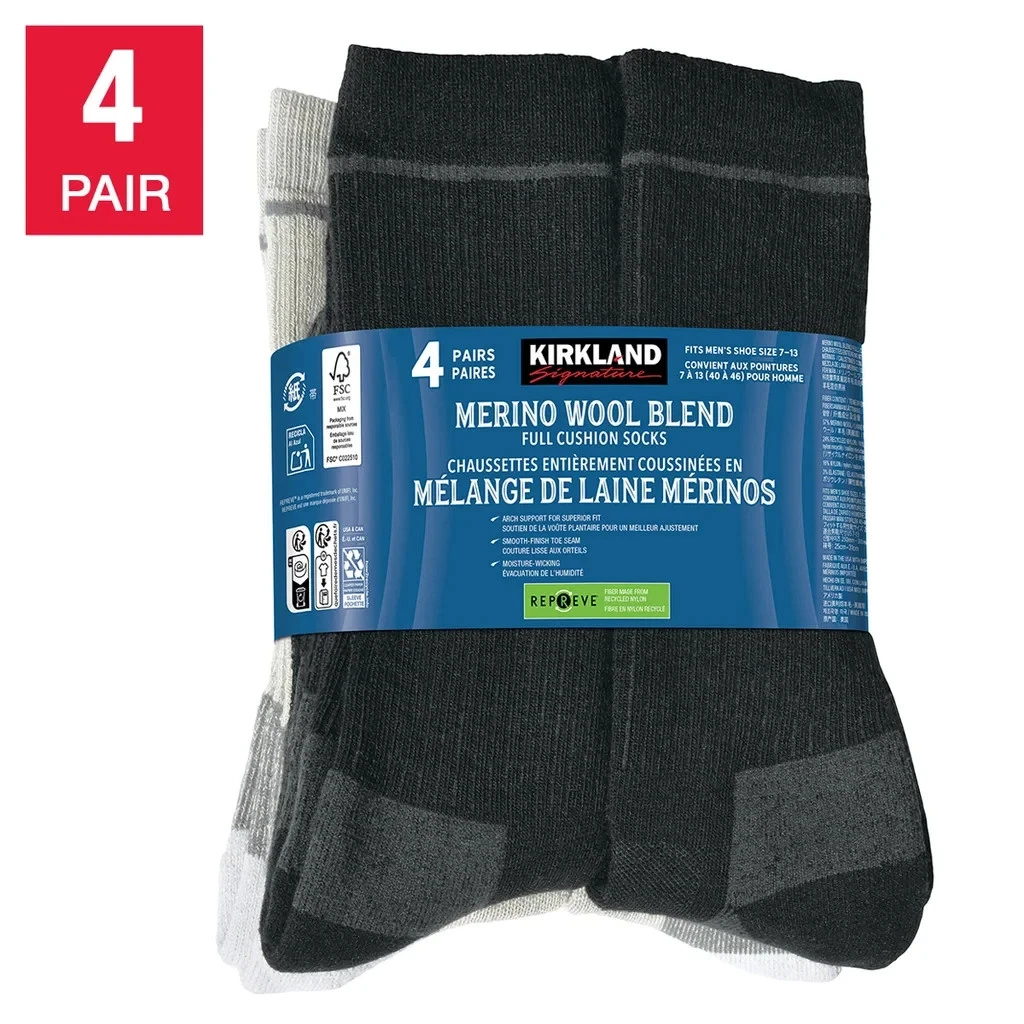 Kirkland Signature Men's Merino Wool Blend 4-pair Sock
Opens in a new window or tab
