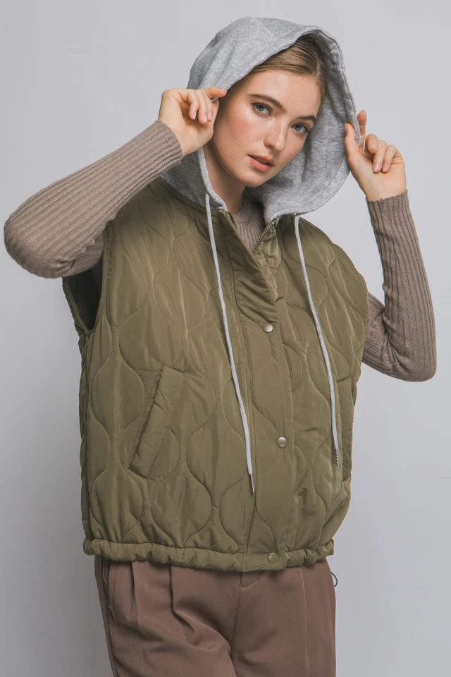 Love Tree Women's Quilted Hoodie Puffer Vest with Pockets in Olive - Image 2 of 4