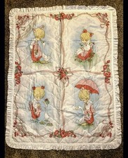 VTG Precious Moments Girl  Goose Ruffle Trim Baby Blanket Quilt