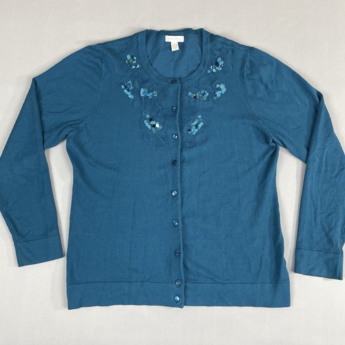 Charter Club Sequin Trim Boxy Cardigan Sweater Women’s XL Teal Blue Preppy - Picture 1 of 14