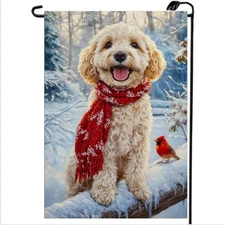 Winter Garden Flags 12x18 Inch Double Sided, Burlap Dog Snow Golden Doodle