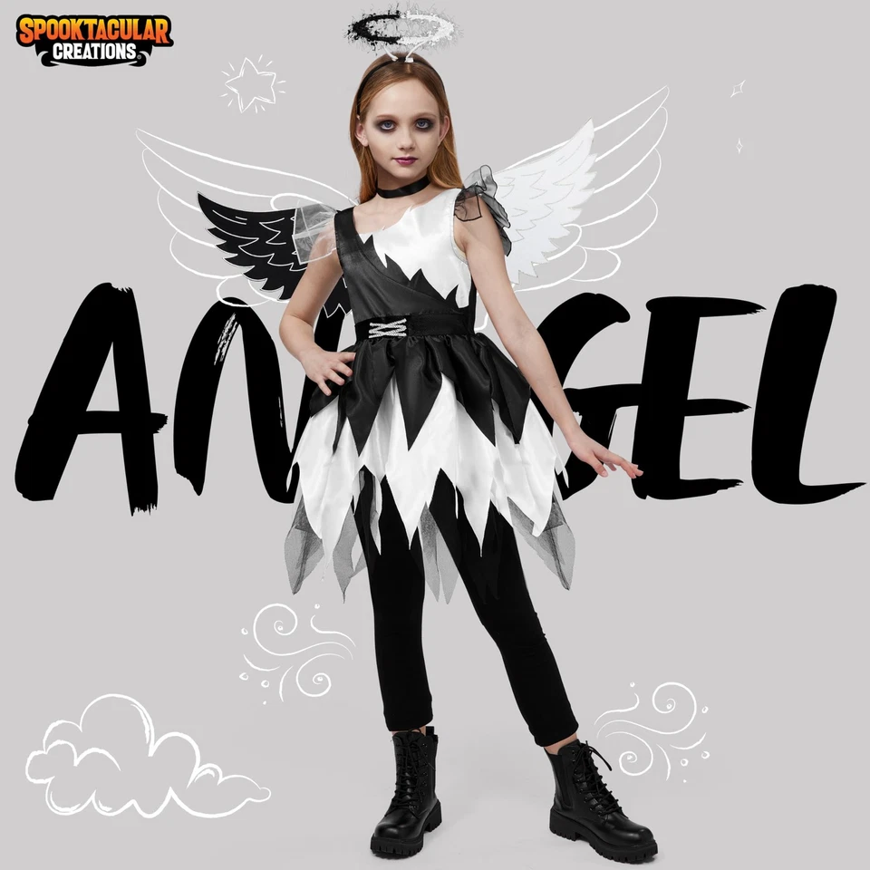 Disfraz de ángel retorcido para niño, vestido de medio ángel medio diablo para niñas, traje para niños S... Foto 2 de 4