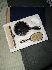 Vintage Ornate Vanity Set Silver Plated Hand Mirror Brush Comb in Box No. 6827
