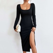 2026 Modern Black Knit Dress with Round Neck High Waist Long Sleeve Slim Fit