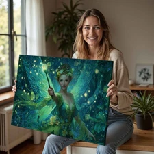 Green Fairy Canvas Wall Art, Enchanted Forest Pixie Print, Magical Wand Painting