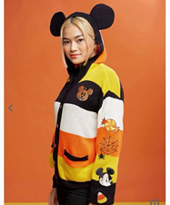 Disney Mickey Mouse Halloween Hooded Striped Cardigan Sweater w/ Ears, XL