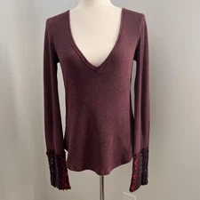 We The Free People Thermal Shirt Medium Art School Cuff Waffle Boho Grunge Fairy