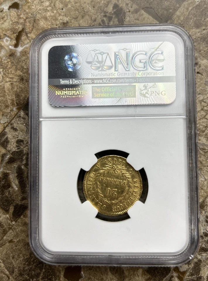 Moneda de oro Napoleón 1808A Francia G20F MS60 Foto 2 de 4