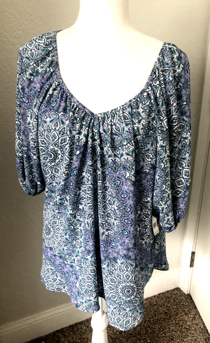 NWT L Blue Print COUNTERPARTS CHIFFON Blouse Tunic TOP V Neck 3/4 Short Sleeve