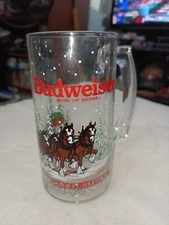 1988 Anheuser Busch Budweiser Clydesdale Holiday 12oz Glass Beer Stein Mug