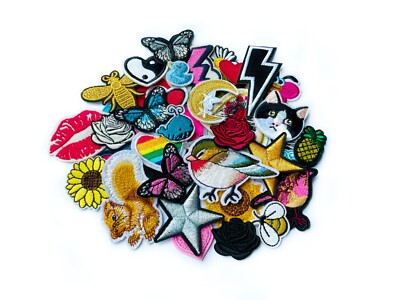 Small Iron on Patch - Bolt Moon Cat Heart Bird Music Star Animals Pineapple Kiss