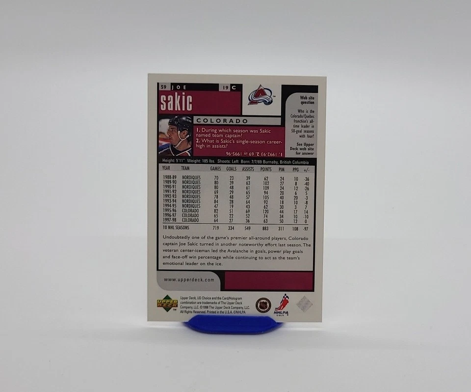 1998-99 Upper Deck UD Choice Preview - #59 Joe Sakic - Image 3 of 4
