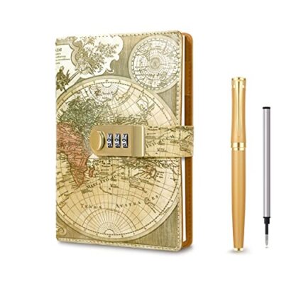 Vintage Old Map Diary with Lock,A5 Locking Journal Pu Leather Refillable 