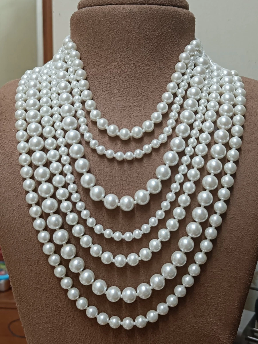New Long Big White Faux Pearl Multi Strand Layered Bead Chunky