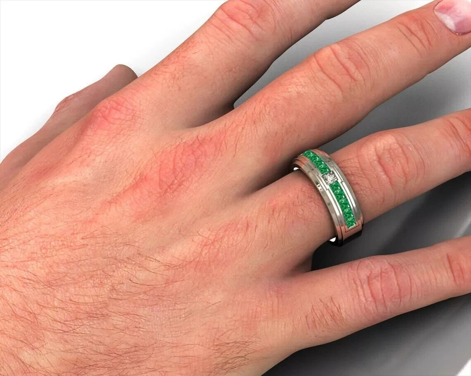 925 Silver 2.25 CT Princess Green Emerald Lab Created Men's Band Ring Size 9.5 - Image 4 of 4