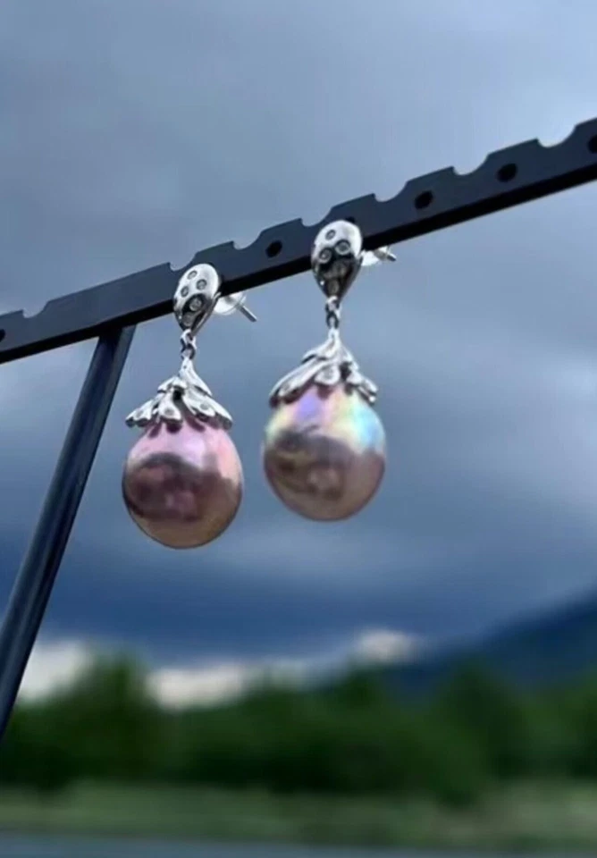 gorgeous 11-12mm south sea baroque lavender pearl dangle earring 925s(mm) - Image 4 of 4