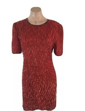 Vintage Laurence Kazar Womens Red Dress Sz MP Silk Beaded Sequins Sheath Sparkly