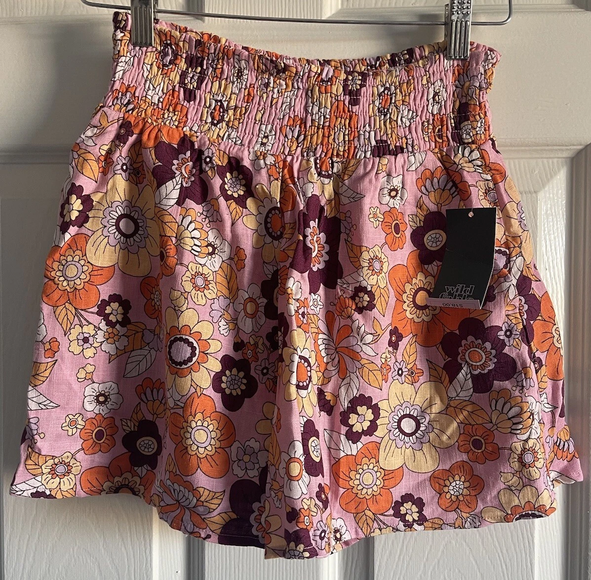 Wild Fable Shorts Pink Floral Linen Sz S Pockets High Elastic Waist Skirt-Like