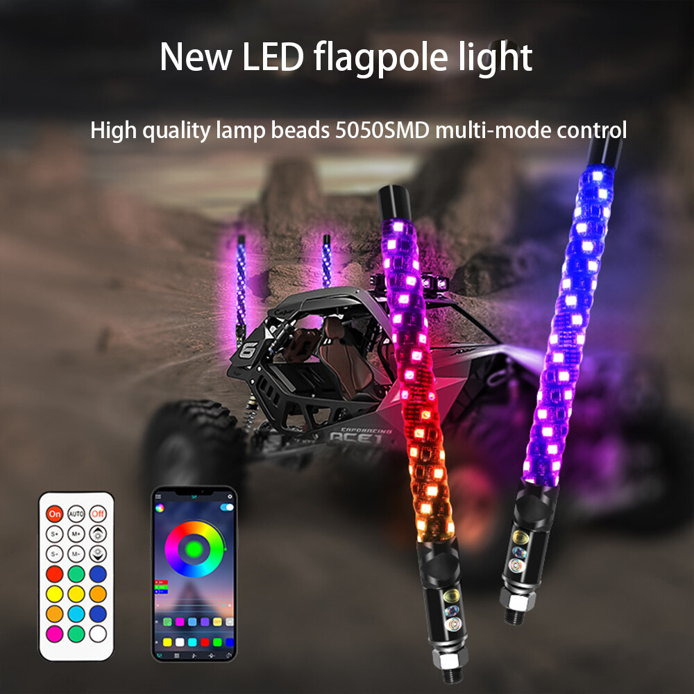 2PCS 2ft Spiral LED RGB Whip Lights - Fat Antenna Style, Remote Controlled, For Can-Am X3 RZR UTV ATV