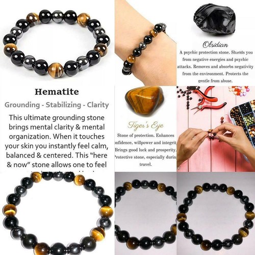 Obsidian Tiger Eye Hematite Bracelet Triple Protection Bangle Women Men Jewelry - Picture 6 of 7