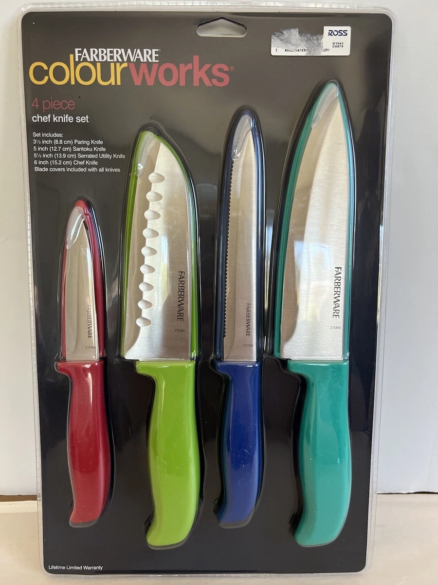 Farberware Colourworks 4-Piece Chef Knife Set Utility/Chef/Paring/Santoku  NEW