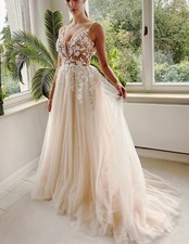 Dreamy Boho Beaded Bridal Gown Floral Lace Wedding Dress Custom made Nude Pearls