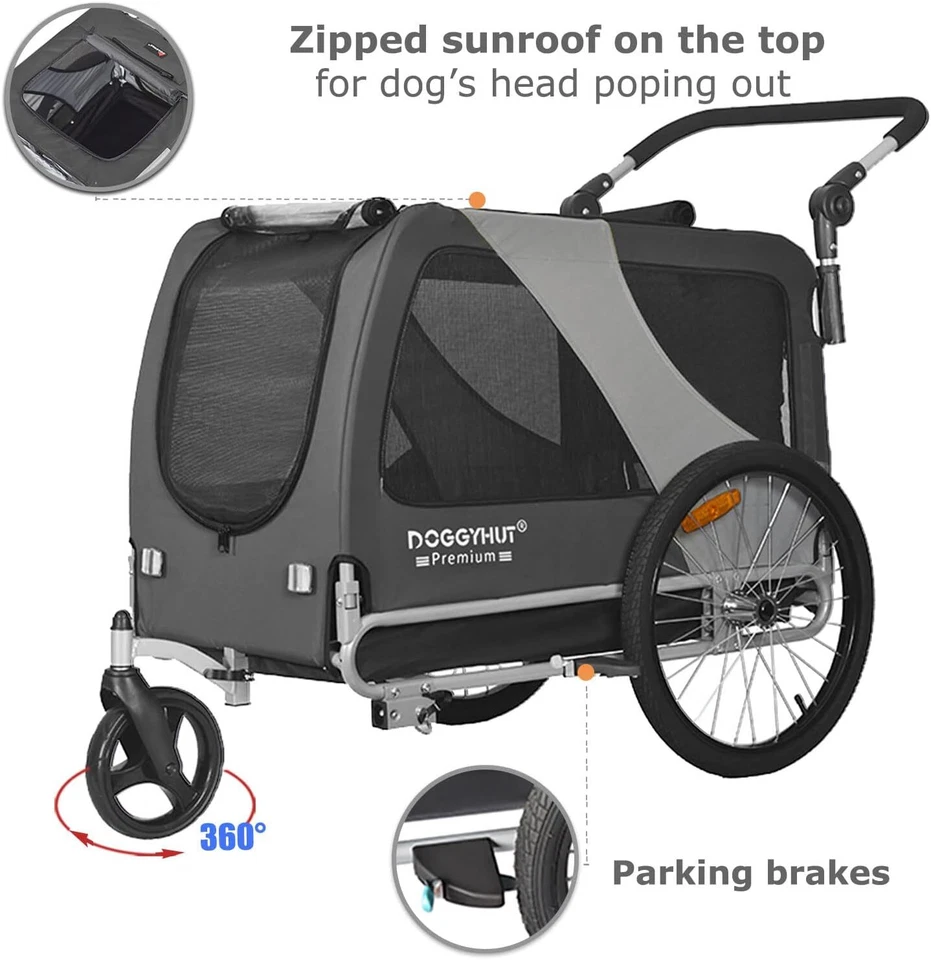 Doggyhut XL Pet Bike Trailer & Stroller for Dogs Up to 45kgs Parking Brakes - Image 4 of 4