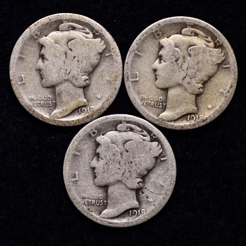 1918 P D S (3 PIECE LOT) Mercury Silver Dime AG / ABOUT GOOD FREE SHIPPING