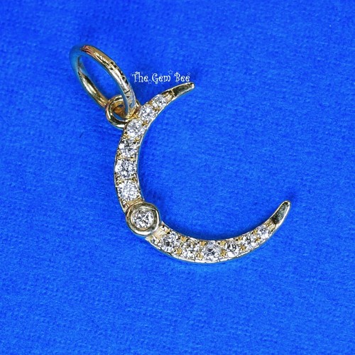 10.5mmX16.3mm 14K Solid Yellow Gold Diamond Large Crescent Moon Charm Pendant - Picture 2 of 7