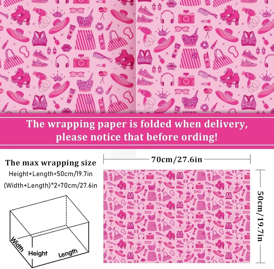 JarThenaAMCS Girls Princess Wrapping Paper - Not Roll - Hot Pink Gift Wrap Paper - Image 2 of 4