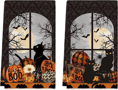 Black Cat Moon Halloween Kitchen Towels Set of 2 18X26 Inch | Pumpkin Bats Trick