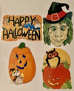 4 Vtg Eureka Halloween Die Cut Decorations - Witch, Owl, Pumpkin Mouse