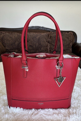 GUESS Red Satchel Handbag Zip Closure Silver Hardware Lined Inner Pockets