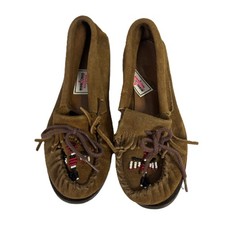 MINNETONKA Women Leather Beaded Thunderbird Fringe Moccasins Brown Size 8-8.5