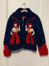 Vtg Hand knitted Wool Cowichan Zip Up Sweater Cardigan Jacket Kids 50s Horses