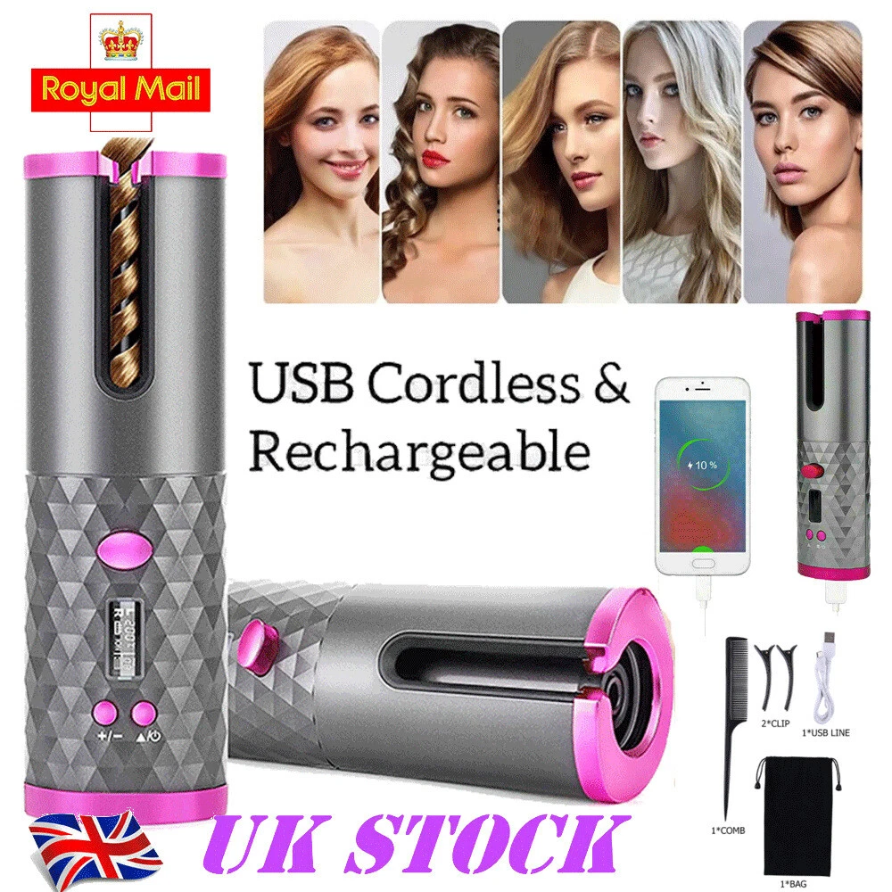 Cordless Curling Iron Automatic Hair Curler LCD Ceramic Rotating Curler Waver UK
