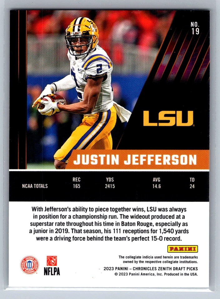 2023 Panini Chronicles Draft Picks #19 Justin Jefferson Zenith Orange - Image 2 of 2