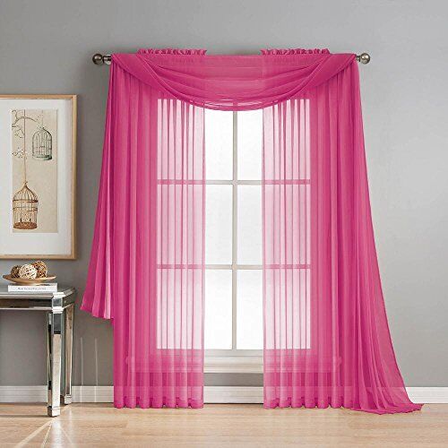 3 Piece Sheer Panel (2 Pieces 58" x 84") and Scarf Window (1 Pieces Hot Pink - Picture 1 of 1