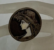 VINTAGE RESIN CELLULOID BRONZE COLORED ART NOUVEAU WOMAN PORTRAIT BROOCH