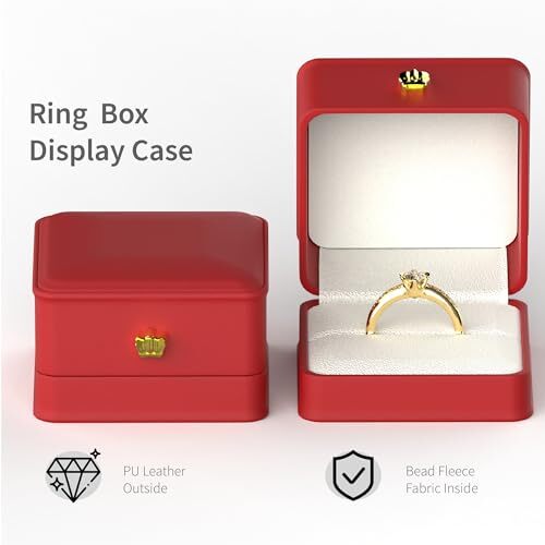 Premium Leather Ring Box with Velvet Interior, Engagement/Wedding Ring Gift red - Picture 3 of 6